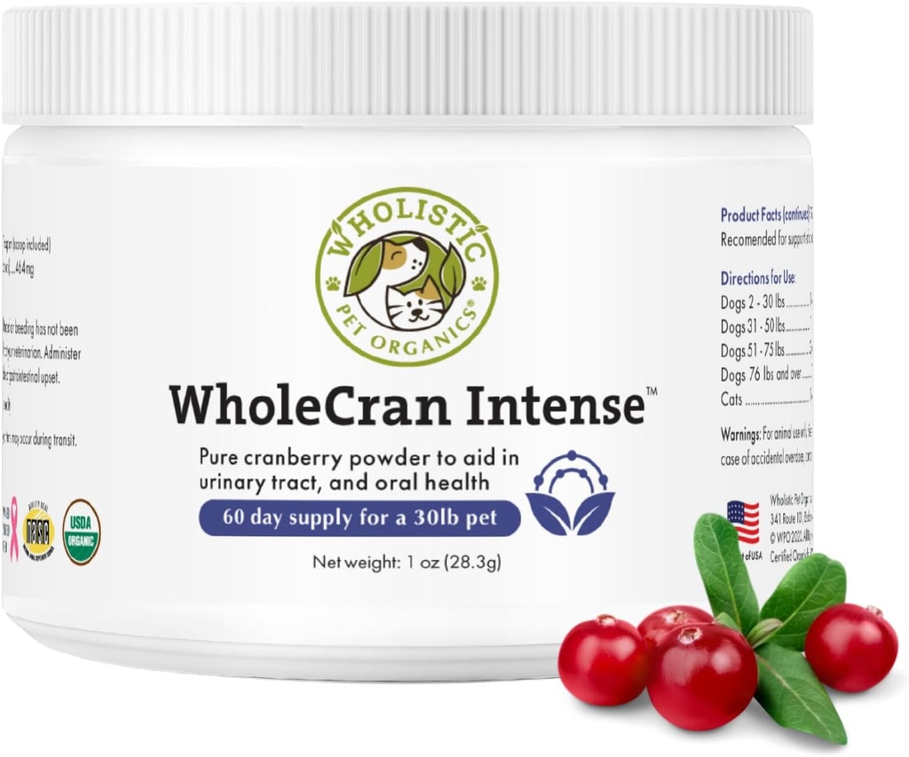 Wholistic Organics Pet WholeCran Έντονη: Βιολογική σκόνη βατόμουρο για σκύλους ούρα Φυλλαδική υποστήριξη Νεφρική υποστήριξη για σκύλους UTI θεραπεία Βιταμίνη C και αντιοξειδωτικά Σκύλος Ακράτεια Προϊόν