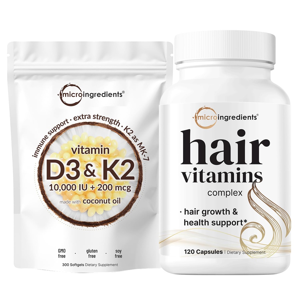 Micro Συστατικά Βιταμίνη D3 10.000iu + K2 200mcg Coconut Oil Softgels & Hair Vitamins Complex Κάψουλες Bundle 2 Pack 
