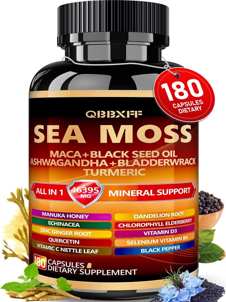 QBBXFF Sea Moss, Maca, Black Seed Oil, Ashwagandha, 180 κόμης