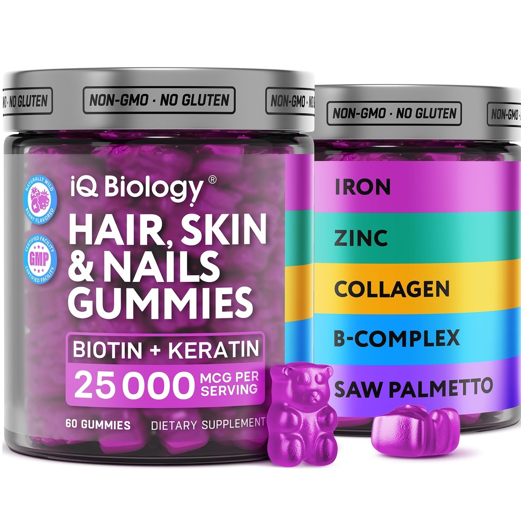 Biotin Gummies for Hair, Skin and Nails - Βιταμίνες για την ανάπτυξη των μαλλιών για γυναίκες & άνδρες - Συμπλήρωμα Gummy Απώλεια μαλλιών με επιπλέον δύναμη Biotin (Vitamin B7), Κολλαγόνο, Κερατίνη & DHT Blocker, 60 Μασώμενες αρκούδες