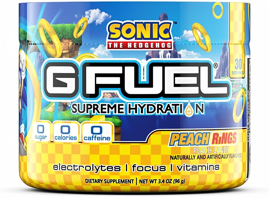 G Sonic Sonic's Peach Rings Supreme Hydration, Ηλεκτρολυτικό Μείγμα Σκόνης για Ενέργεια & Εστίαση, Ζάχαρη και καφεΐνη Δωρεάν Συμπλήρωμα με Ουσιώδεις Βιταμίνες & Ορυκτά, Ροδάκινο Δαχτυλίδια Γεύση, 3.4 oz - 30 Μερίδες