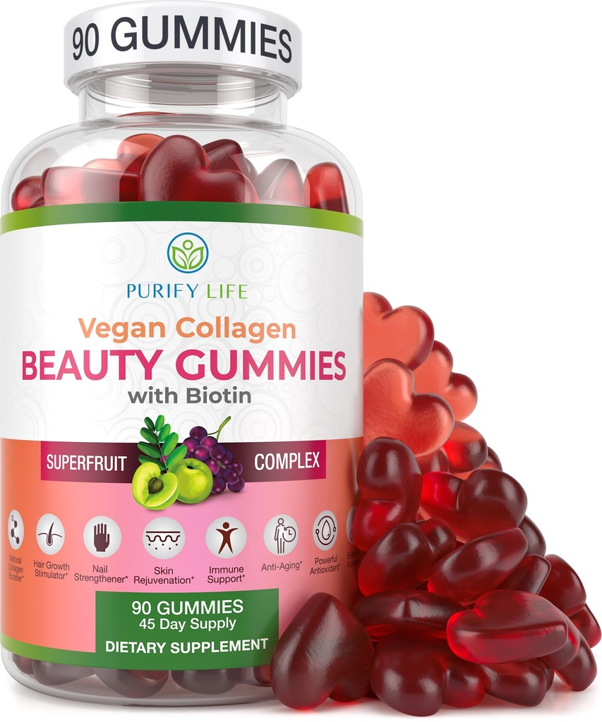 Vegan Collagen Gummies with Biotin Vitamins for Hair Skin and Nails Health, (90 Chews) Collagen Support Superfruit Complex with Resveratrol, Vitamin A, E, C - Replace Capsules, Pills