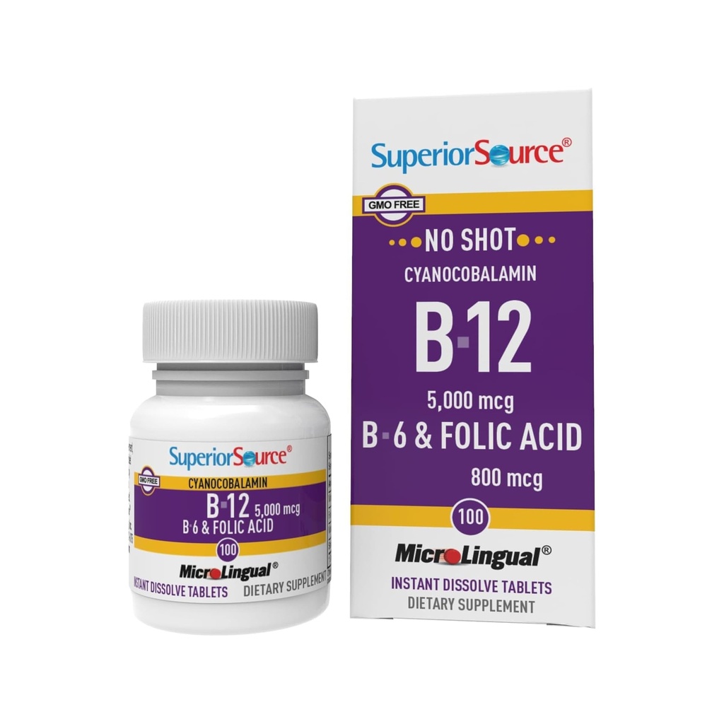 Superior Source No Shot Βιταμίνη B-12 Κυανοκοβαλαμίνη 5000 mcg, B-6, Φολικό οξύ 800 mcg - Υποστήριξη Εγκέφαλος & Καρδιά Υγεία - Βοηθά Επίπεδα Φυσικής Ενέργειας - 100 Υπογλώσσια Δισκία Διάλυσης