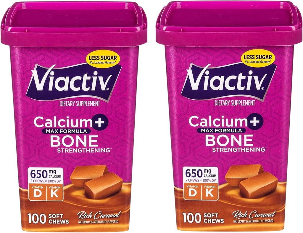 Viactiv Max Formula Calcium +Vitamin D3 συμπλήρωμα για την υγεία των οστών, πλούσιο καραμελέ, 100 μαλακά μάσημα - 2 συσκευασίες