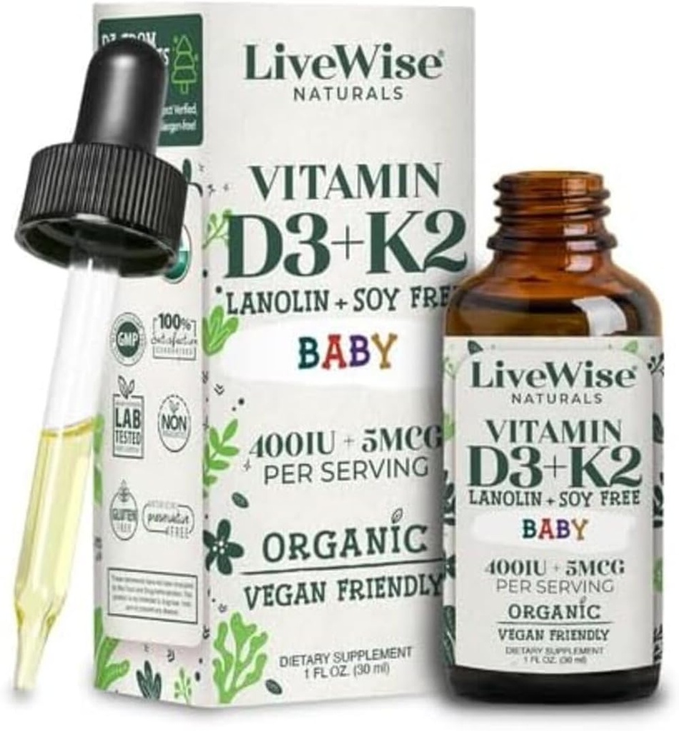 LiveWise Naturals Βρεφική Βιταμίνη D3-K2 Υγρό Συμπλήρωμα, Σταγόνες Βιταμίνης για Βρέφη και Τοντλερς, για Υγιεινή Ανάπτυξη, Ανάπτυξη και Καθημερινή Ευεξία, Εύκολο στη Χρήση Σταγονόμετρο σε Γυάλινο Μπουκάλι, 1 Fl Oz