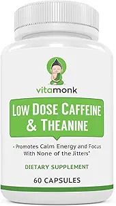 VitaMonk Low Dose Caffeine and Theanine - No Jitters, No Crash- Microdose of Caffeine L Theanine Pills with Caffeine Theanine and Theobromine - 25mg of Caffeine, Caffeine Pills L Theanine - 60 Caps