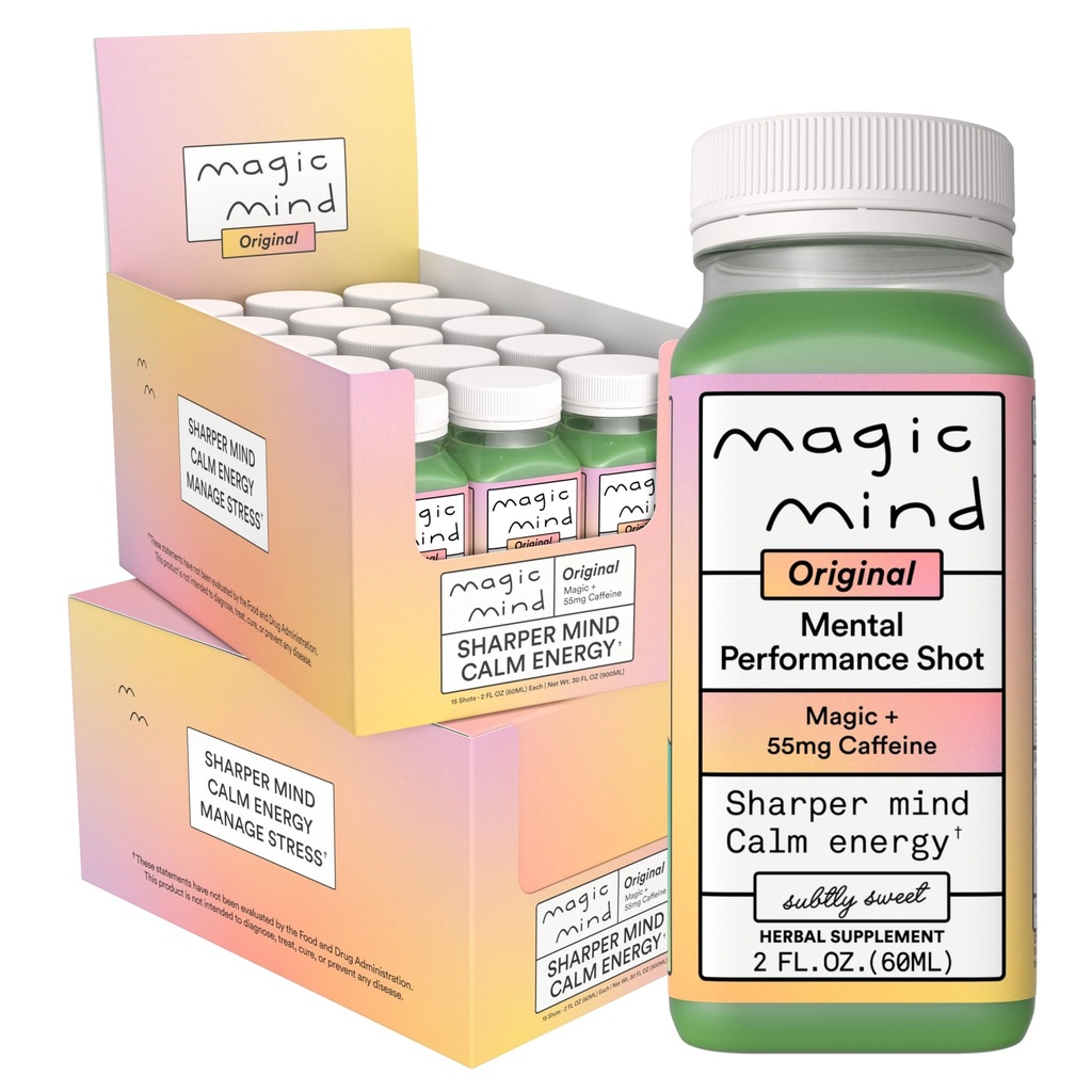 Magic Mind Focus Energy Drink Shots - Δεν Jitters, Άγχος Ανακουφίζει, Ashwagandha, Λειτουργικά Μανιτάρια, Μάτσα Πράσινο Τσάι, Βιταμίνη B12, Βιταμίνη C - 2 FL Oz (30 Pack)