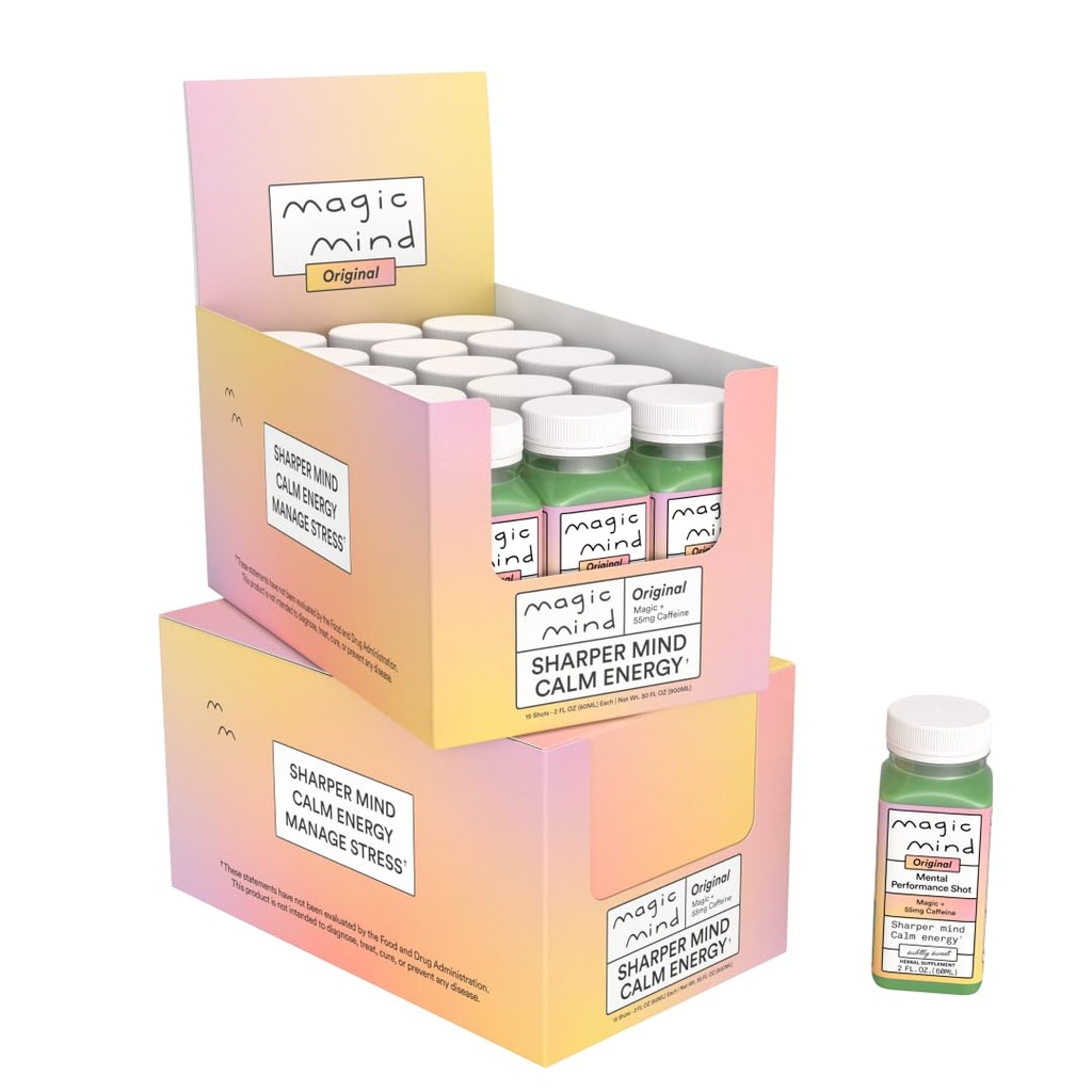 Magic Mind Focus Energy Drink Shots - No Jitters, Stress Relieving, Ashwagandha, Functional Mushrooms, Matcha Green Tea, Vitamin B12, Vitamin C - 2 FL Oz (30 Pack)