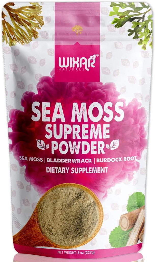 Wixar Wildcrafted Sea Moss Powder – (8 ουγγιά) – Φυσικό Ιρλανδικό Θαλασσινό Moss και Bladderwrack με σκόνη Burdock - Θυρεοειδής υποστήριξη, υγιές δέρμα, Keto Detox, Κοινή υποστήριξη Alkaline συμπληρώματα