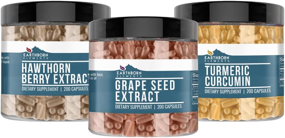 Earthborn Elements Grape Seed, Hawthorn Berry, & Turmeric Curcumin Capsule (200 κάψουλες το καθένα), καθαρός & μη αραιωμένος, χωρίς πρόσθετα