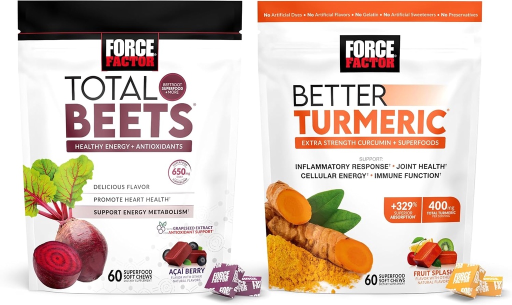 Force Factor Total Beets Μαλακά μάσημα, 60 μάσημα & καλύτερο συμπλήρωμα κοινής υποστήριξης κουρκουμά, 60 μαλακά μάσημα