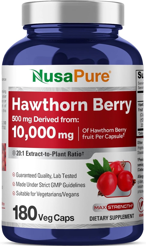 NusaPure Hawthorn Berry 20:1 Extract, 500 mg Equivalent to 10,000 mg 180 Veg Caps, Suitable for Vegetarians, Vegan, Non-GMO Dietary Supplement