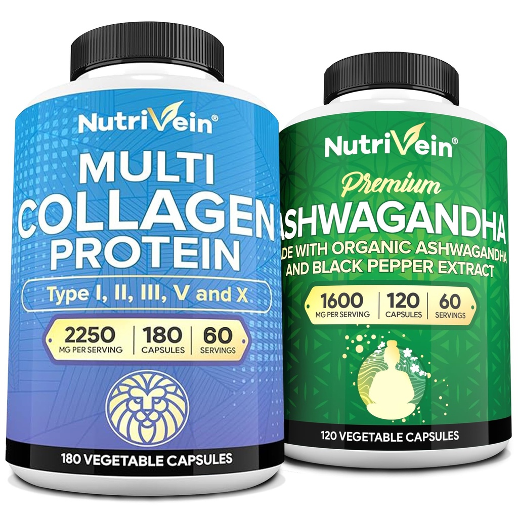 Nutrivein Premium Multi Collagen Κάψουλες & Ashwagandha Συμπληρώματα Δέσμη: Υψηλής Απορρόφησης Ashwagandha Root & Multi Collagen Peptides Κάψουλες για το σώμα και το μυαλό
