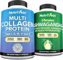 Nutrivein Premium Multi Collagen Κάψουλες & Ashwagandha Συμπληρώματα Δέσμη: Υψηλής Απορρόφησης Ashwagandha Root & Multi Collagen Peptides Κάψουλες για το σώμα και το μυαλό