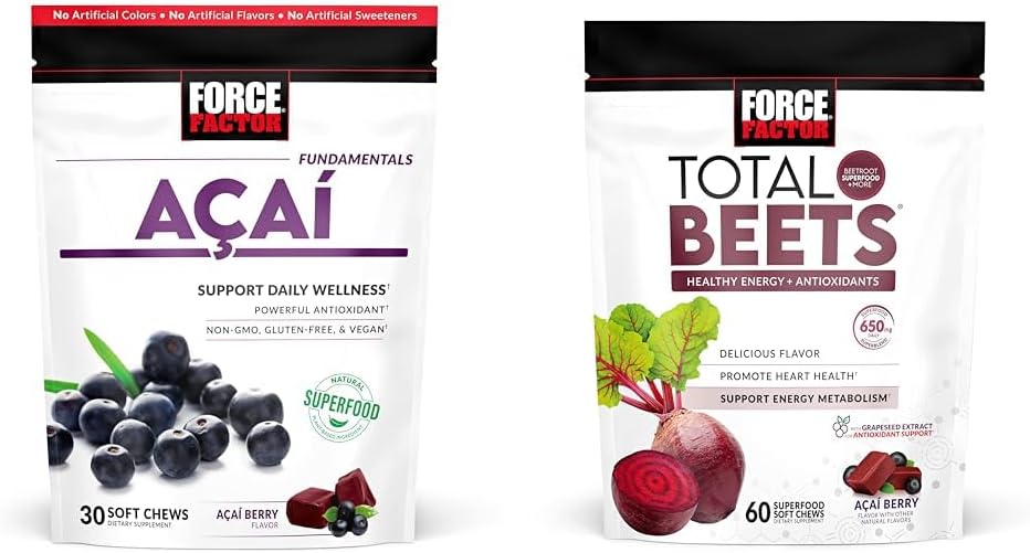Force Factor Acai Soft Chews for Ammunity & Total Beets Soft Chews for Heart Healthy Energy, 30 & 60 Chews