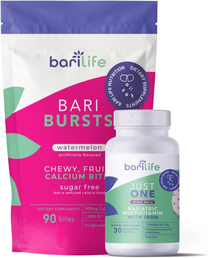 Bari Life Only One Chewable: Μια φορά καθημερινή Bariatric Multivitamin + σίδηρο και BariBurst Calcium Citrate Soft Chews for Gastric Bypass, Gastric Sleeve and Duodenal Switch (Νερόμελο)