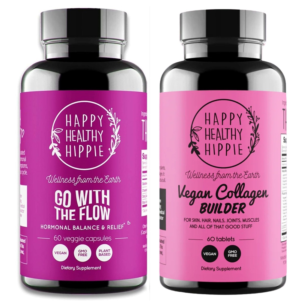 Happy Healthy Hippie Vegan Collagen Builder w/Hyaluronic Acid & Go with The Flow Hormone Balance for Women