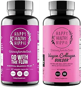 Happy Healthy Hippie Vegan Collagen Builder w/Hyaluronic Acid & Go with The Flow Hormon Balance for Women