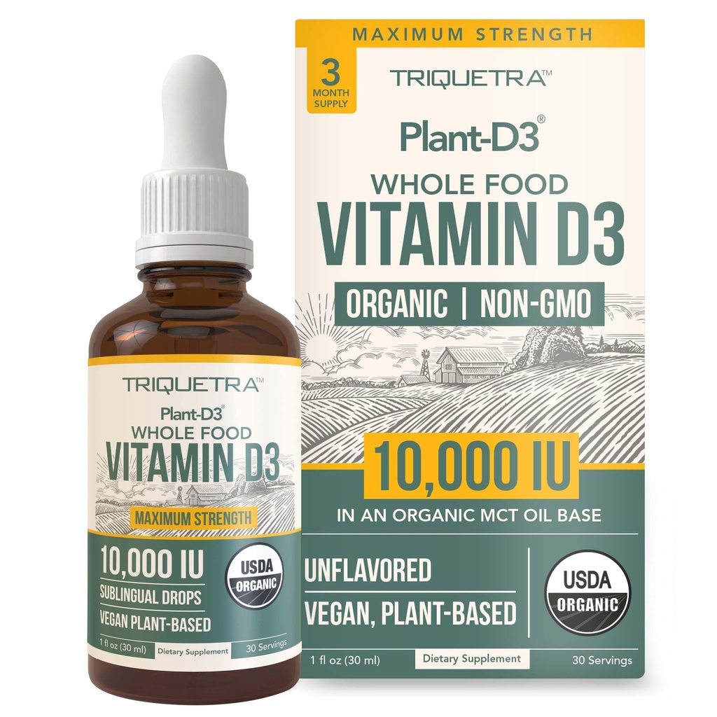 Βιολογική βιταμίνη D3 10.000 IU - Φυτό D3, Vegan, Μέγιστη δύναμη Υπογλώσσιο Υγρό D3 σταγόνες - 200% Υψηλότερη απορρόφηση, 100% Φυτική Βασιζόμενη Cholecalciferol Form & Vegan D3, Ρυθμιζόμενη δοσολογία (30 μερίδες)