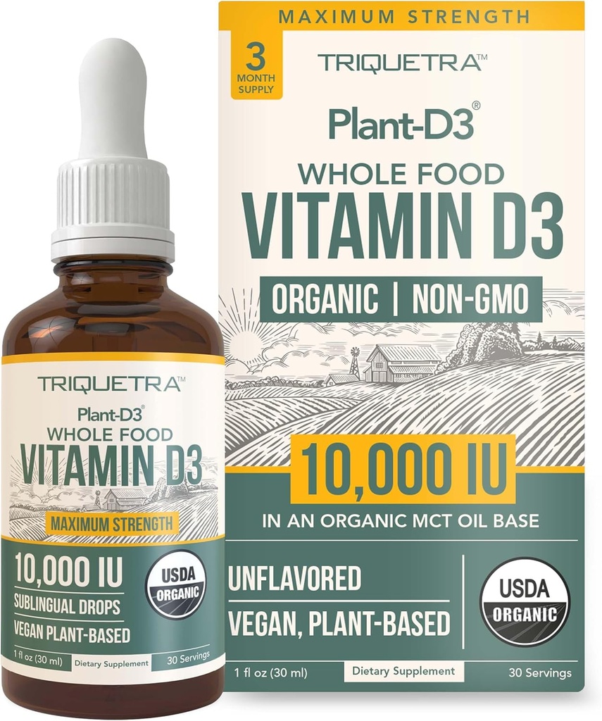 Organic Vitamin D3 10,000 IU - Plant D3, Vegan, Max Strength Sublingual Liquid D3 Drops - 200% Higher Absorption, 100% Plant-Based Cholecalciferol Form & Vegan D3, Adjustable Dosing (30 Servings)