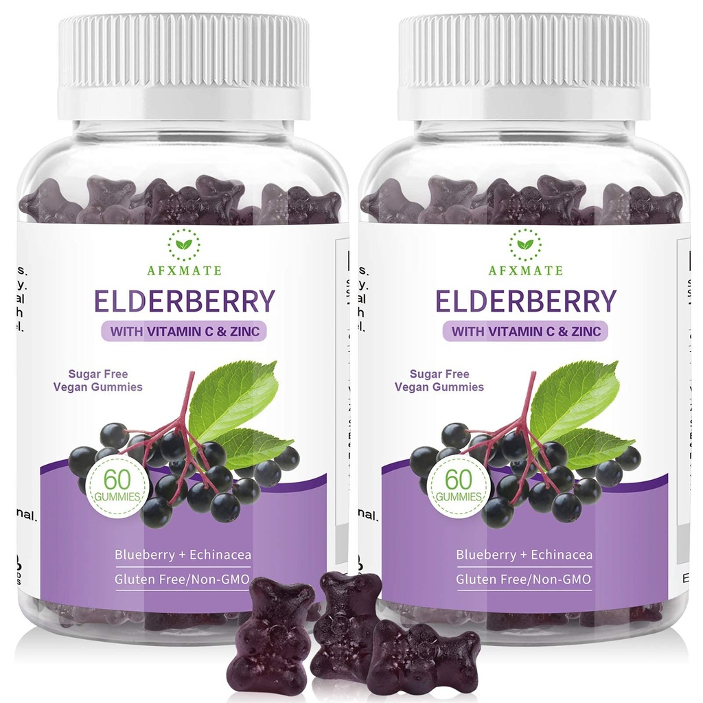 AFXMATE Sambucus Black Elderberry Gummies with Zinc and Vitamin C for Adults Kids Immune Support, Sugar Free Elderberry 120 Counts