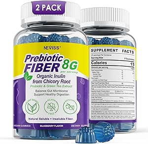 Fiber Gummies for Adults 8g (Inulin, Psyllium Husk, FOS More) with Probiotics, Green Tea Extract, Sugar Free Plant Based Fiber Supplement Blend for Digestive Health, Regularity, Non-GMO, Vegan, 120Cts