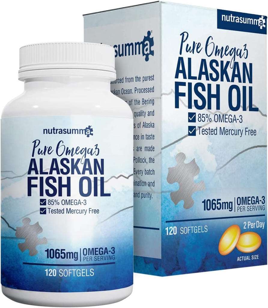 Nutrasumma High Purified Omega 3 συμπλήρωμα Άγριο ιχθυέλαιο Αλάσκας Burpless & No Fishy Taste, 650mg EPA &270mg DHA 1250mg ιχθυέλαιο softgels, χωρίς γλουτένη, καρδιά, εγκέφαλος & ανοσοποιητική υποστήριξη, 60 υπηρεσίες