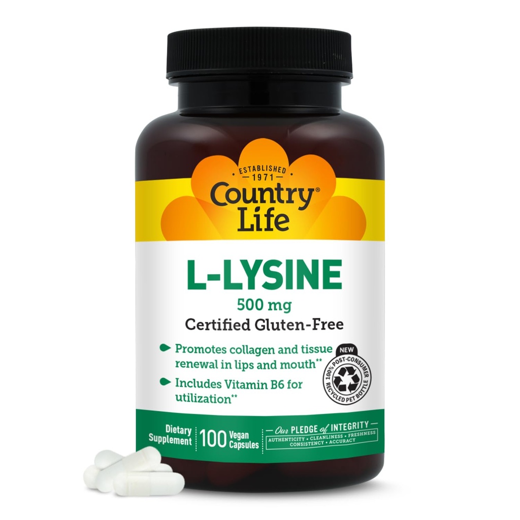 Country Life L-Lysine 500mg με B-6, Υποστηρίζει την Ανοσοποιητική Υγεία, προωθεί την ανανέωση του κολλαγόνου σε χείλη και στόμα, 100 κάψουλες Vegan, Certified Gluten Free, Certified Vegan