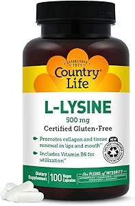 Country Life L-Lysine 500mg with B-6, Supports Immune Health, Promotes Collagen Renewal in Lips and Mouth, 100 Vegan Capsules, Certified Gluten Free, Certified Vegan