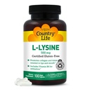 Country Life L-Lysine 500mg με B-6, Υποστηρίζει την Ανοσοποιητική Υγεία, προωθεί την ανανέωση του κολλαγόνου σε χείλη και στόμα, 100 κάψουλες Vegan, Certified Gluten Free, Certified Vegan