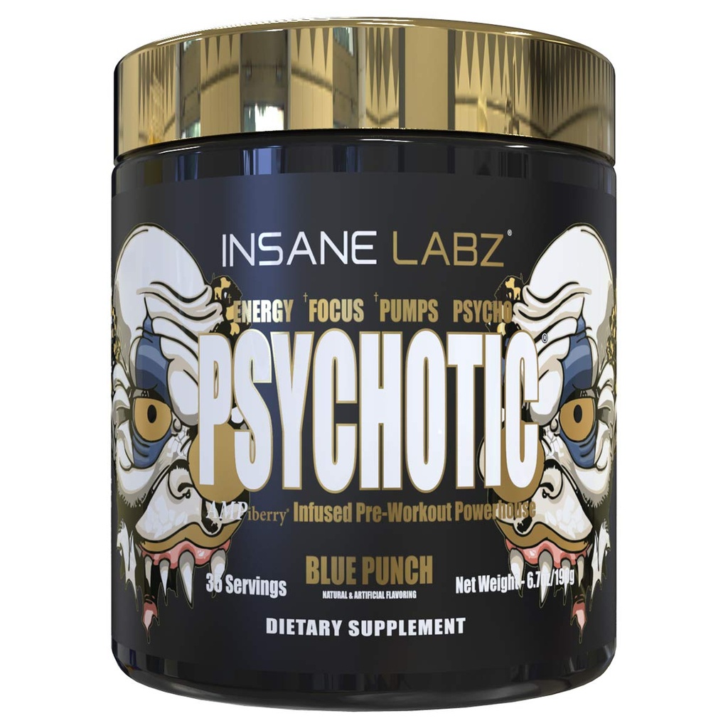 Insane Labz Psychotic Gold, Υψηλής διεγερτικής πριν από την προπόνηση σκόνη, Extreme Lasting Energy Focus, Αντλίες και αντοχή με Beta Alanine, DMAE Bitartrate, NO Booster (35 εξυπηρετούν, Blue Punch)