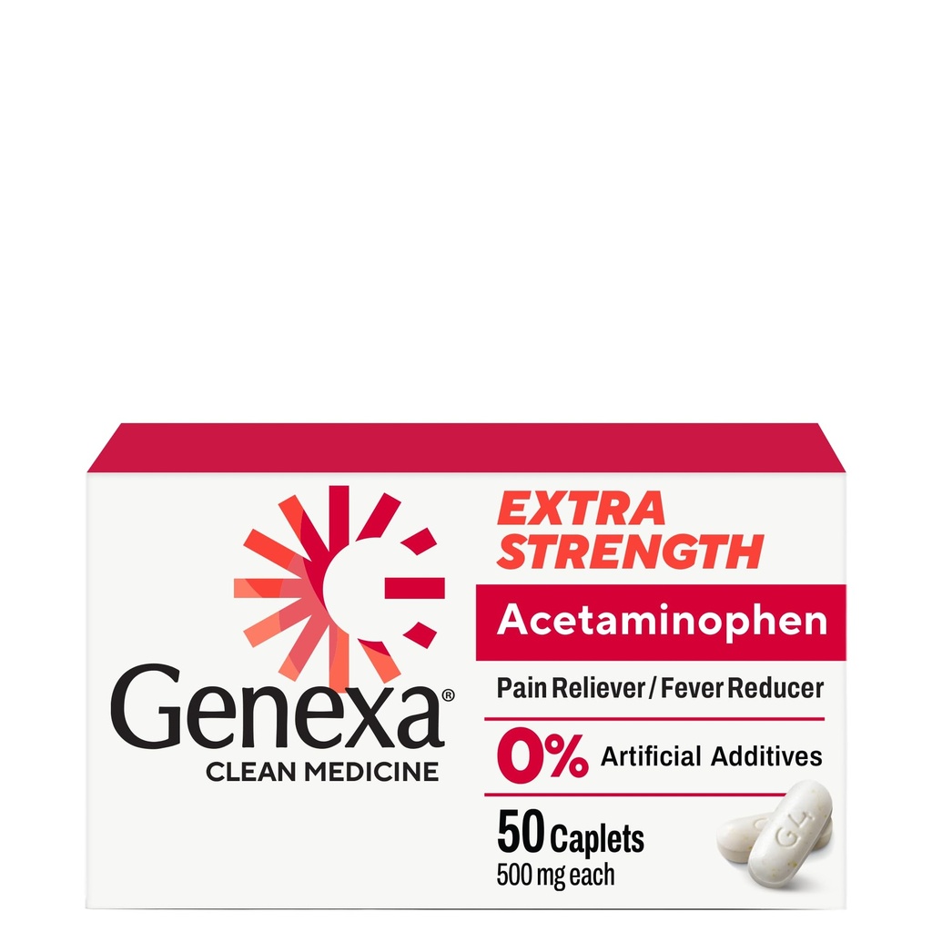 Genexa Clean Acetaminophen 500mg Extra Strength, Dye Free Pain Reliever Fever Reducer, 0% Τεχνητά Πρόσθετα, Πόνος Ιατρική για Ενήλικες, Ανακουφίζει Πονοκέφαλο, Οσφυαλγία, Ανώτερη Αρθρίτιδα Πόνος, 50 δισκία