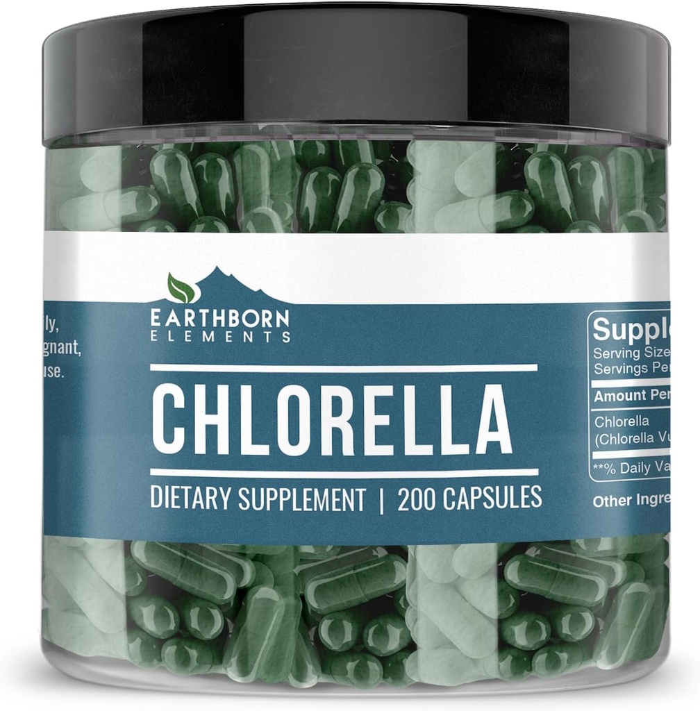 Earthborn Στοιχεία Chlorella 200 Κάψουλες, Καθαρά & Μη αραιωμένα, Χωρίς Πρόσθετα
