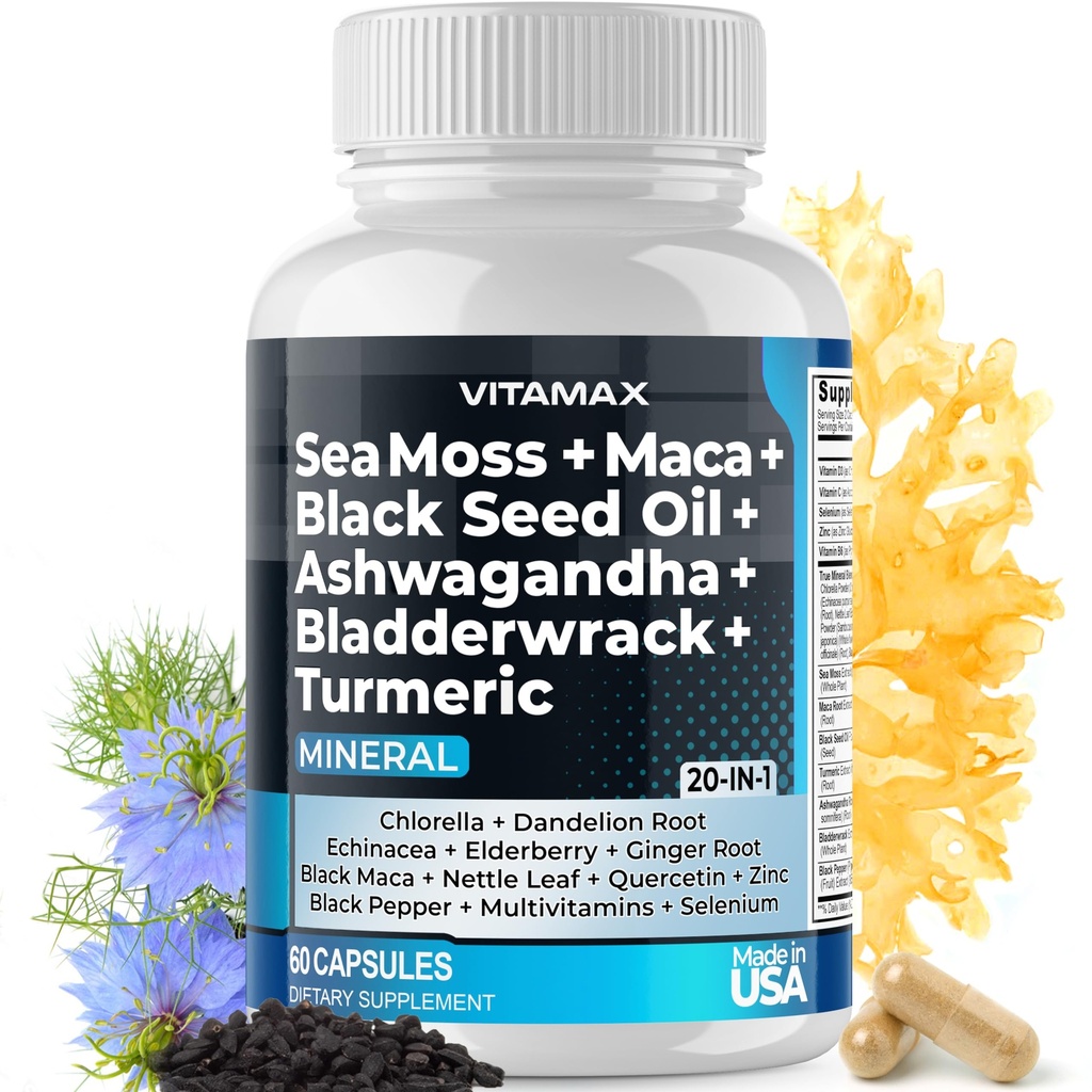 Sea Moss Maca Black Seed Oil Ashwagandha Bladderwrack Turmeric - Μανούκα Μέλι, elderberry, Βιταμίνη C & D3, Dandelion & Black Pepper - Μη ΓΤΟ - Vegan - Made in USA - 60ct