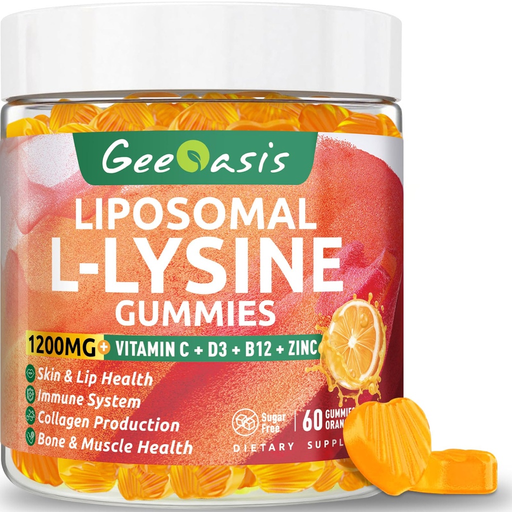Liposomal L-lysine Gummies 1200mg, Lysine Chewable Supplement with Vitamin C, D3, B12 & Zinc for Adults & Kids, Immune & Collagen Support, Lips & Skin Health, Vegan, Natural Fruit Flavor, 60CT