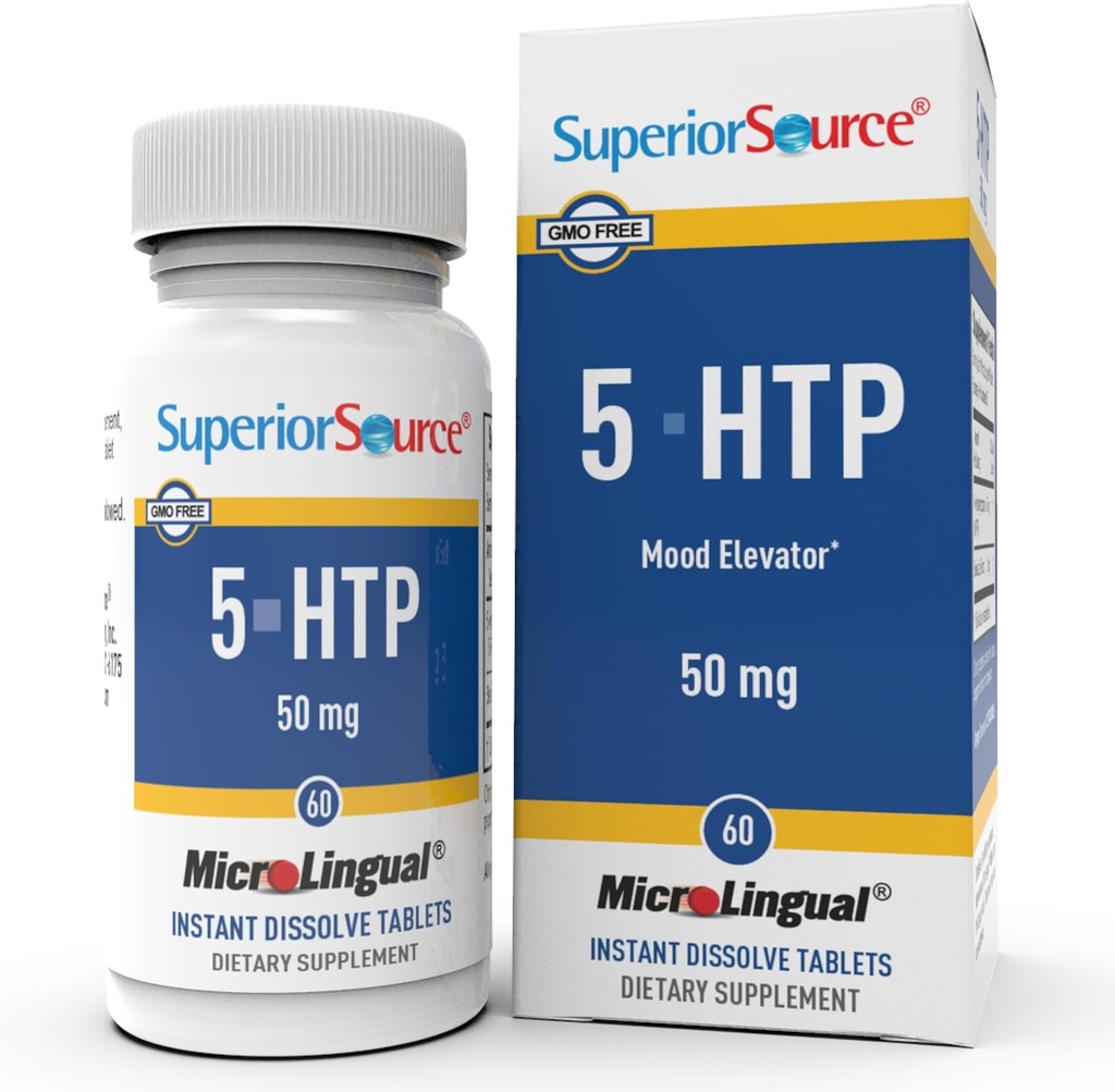 Superior Source 5- HTP 50 mg - Φυσικό συμπλήρωμα Βοηθά Αναπαυτικές λειτουργίες ύπνου & νευροδιαβιβαστή - Εγκέφαλος Υγεία & Λειτουργία Υποστήριξη - 5- Hydroxytryptophan συμπλήρωμα - 60 στιγμιαία δισκία διάλυσης
