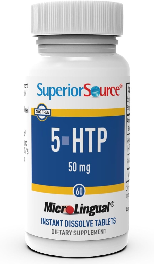 Superior Source 5- HTP 50 mg - Φυσικό συμπλήρωμα Βοηθά Αναπαυτικές λειτουργίες ύπνου & νευροδιαβιβαστή - Εγκέφαλος Υγεία & Λειτουργία Υποστήριξη - 5- Hydroxytryptophan συμπλήρωμα - 60 στιγμιαία δισκία διάλυσης