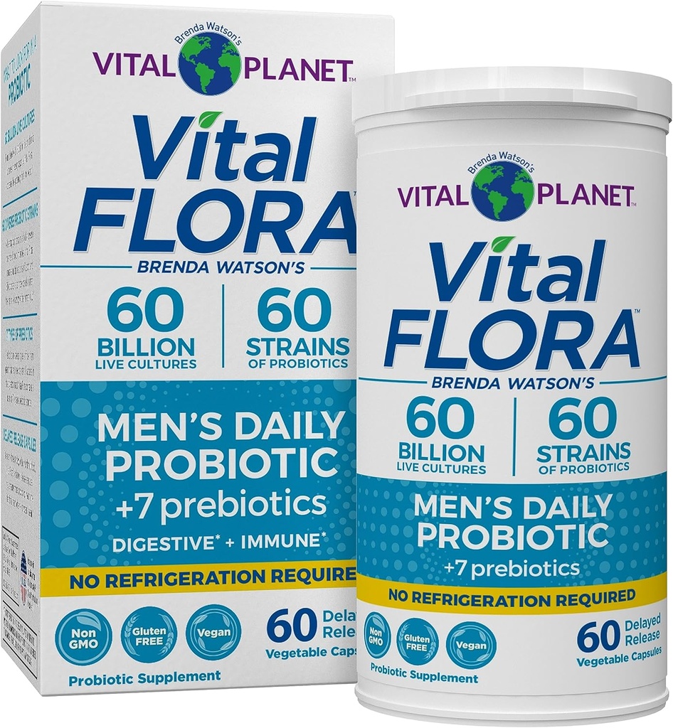 Vital Planet - Vital Flora Probiotics for Men, 60 Billion CFU, 60 Diverse Strains, 7 Organic Prebiotics, Men’s Daily Shelf Stable Probiotic for Immune Support, Gas Relief, Digestive Health 60 Capsules