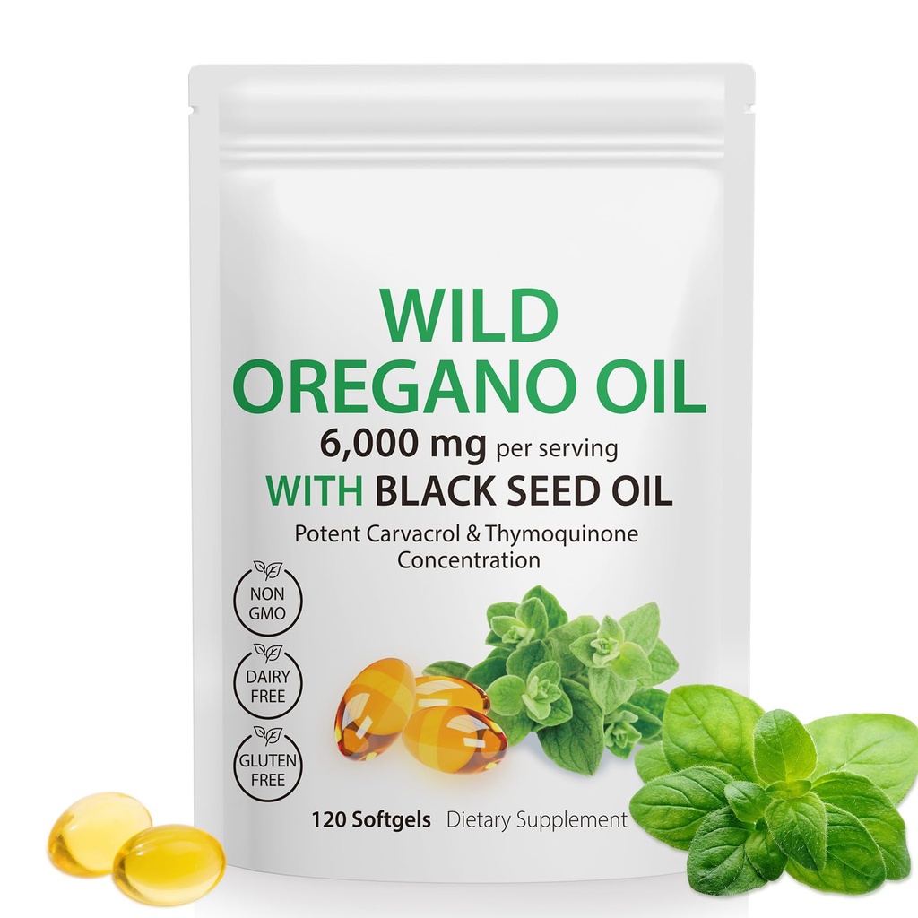 Λάδι Orγανης Softgels - Wild Oregano Oil 6.000mg με Μαύρο Λάδι Σπέρματος 200mg κάψουλες, 120 Count, Poent Carvacrol & Thymoquinone, Μη-GMO, Χωρίς γαλακτοκομικά, Χωρίς γλουτένη
