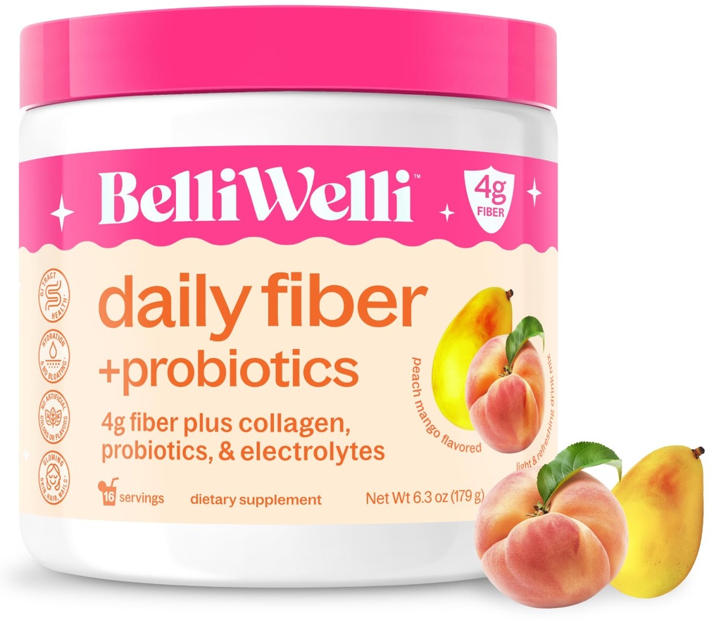BelliWelli Fiber συμπλήρωμα για γυναίκες & άνδρες – Premium καθημερινή σκόνη ινών από οργανική ακακία με προσθήκη κολλαγόνου, ηλεκτρολυτών & προβιοτικών – Δεν Bloat, δυσκοιλιότητα & υποστήριξη της υγείας των ούλων (Peach Mango)
