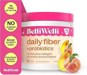 BelliWelli Fiber Supplement for Women & Men – Premium Daily Fiber Powder from Organic Acacia with Added Collagen, Electrolytes & Probiotics – No Bloat, Constipation & Gut Health Support (Peach Mango)