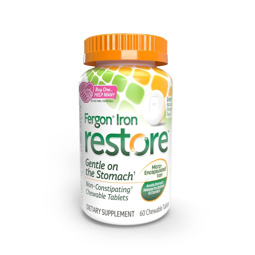 Fergon Iron Restore Chewable Tablets - Απαλό στο στομάχι, Μη Συντηρητικό - 27mg Iron for Energy Support – 60 Tablets
