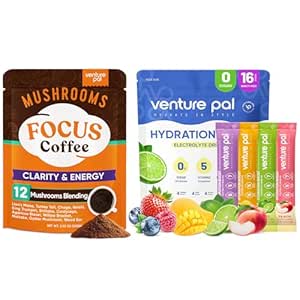 Venture Pal Mushroom Coffee & Electrolyte Powder Bundle: 12 σε 1 Καφές με Ashwagandha για Εστίαση & Ανοσία + Συσκευασίες Ηλεκτρολυτών χωρίς ζάχαρη με 5 Βιταμίνες & 7 Ηλεκτρολύτες - 40 Σερβιέτες & 16 Stick