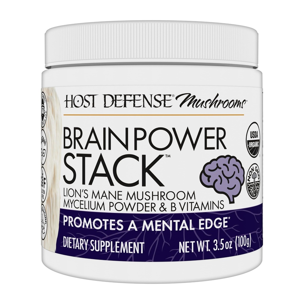 Host Defense BrainPower Stack Powder - Στοχευμένη υποστήριξη του εγκεφάλου συμπλήρωμα - σκόνη Mushroom συμπλήρωμα με το Lion's Mane, Niacin (B3) & βιταμίνη B12 - Herbal Brain Support - 100g (66 Servings)*