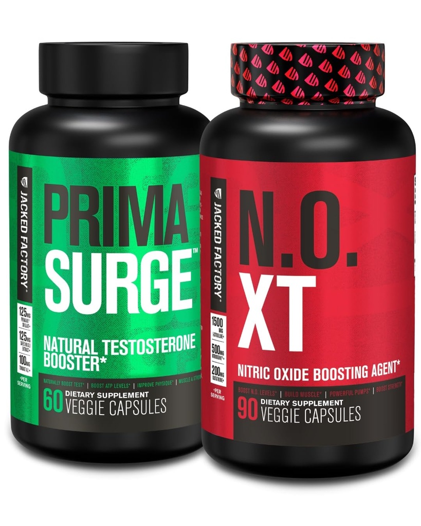 Backed εργοστάσιο Testosterone Booster για τους άνδρες PRIMASURGE (60 κάψουλες) & N.O. XT συμπλήρωμα οξειδίου του αζώτου (90 κάψουλες) για την ανάπτυξη των μυών, αντλίες, & Ενέργεια