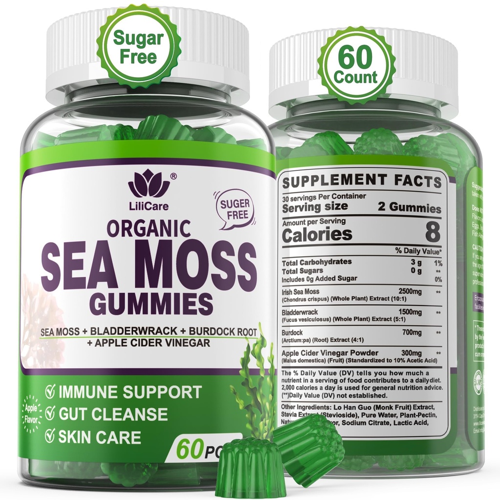 Sea Moss Gummies - Irish Sea Moss Gummies for Adults & Kids - Advanced Superfood Seamoss Supplement + Bladderwrack & Burdock Root Extract，ACV for Daily Immune, Gut Cleanse, Vegan, Sugar Free, 60 Cts