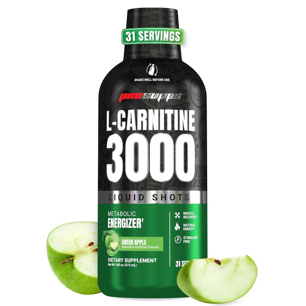 ProSupps L-Carnitine Liquid 3000, Stimulant-Free Liquid Shots for Men & Women - Clean Workout Drink for Energy, Performance & Muscle Recovery - No Sugar, No Carbs - 31 Servings, Green Apple