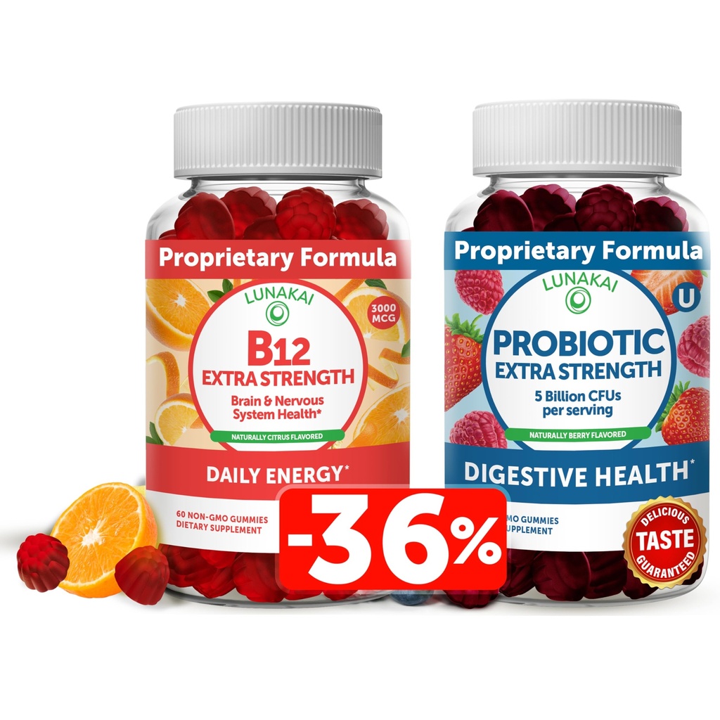 Lunakai Vitamin B12 και Probiotic Gummies Bundle - 3000 mcg Gummy για ενήλικες Ενεργειακή υποστήριξη και υγεία των οστών - 5 δισεκατομμύρια CFUs ανά υπηρεσία για Digestive Gut Υγεία με βιταμίνη C για γυναίκες και άνδρες
