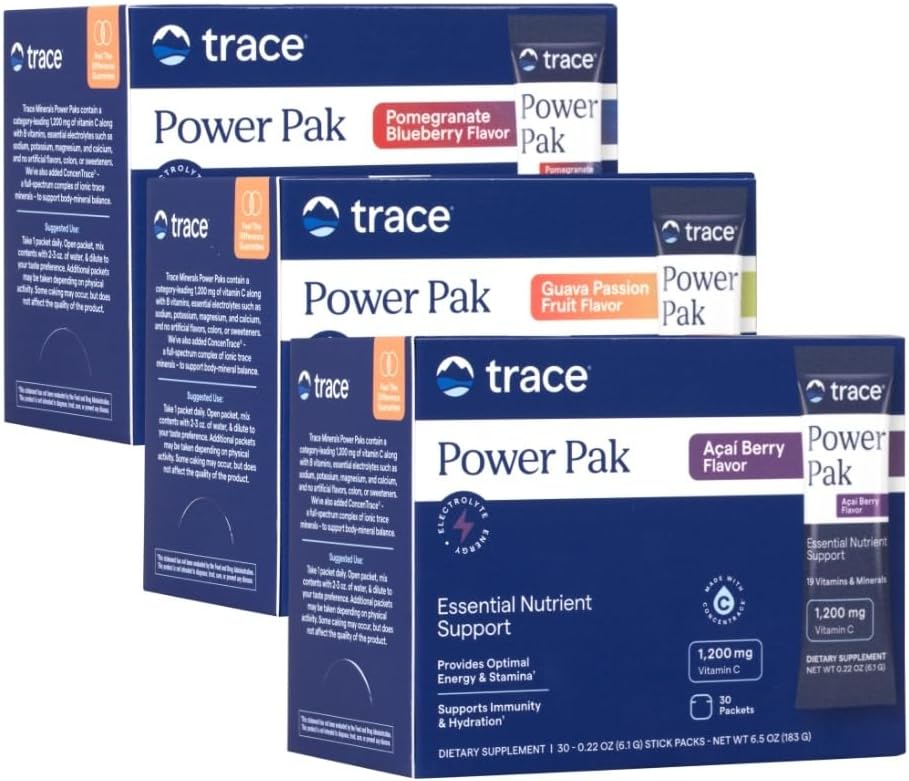 Trace Minerals Power Pak Multivitamin and Multimineral Packets - Υποστήριξη ηλεκτρολυτών - 1200 mg Βιταμίνη C Plus 70 Acai Berry, Ρόδι βατόμουρο και Guava Variety - 90 συσκευασίες