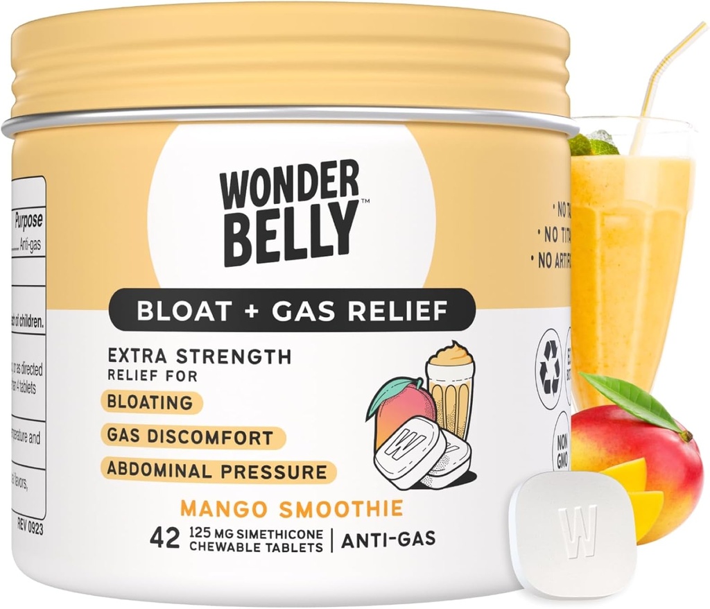 Wonderbelly Bloat + Gas Relief, Extra Strength Chewable Tables, with 125 mg Simethicone, No Talc or Dye, Mango Smoothie, 42 Count